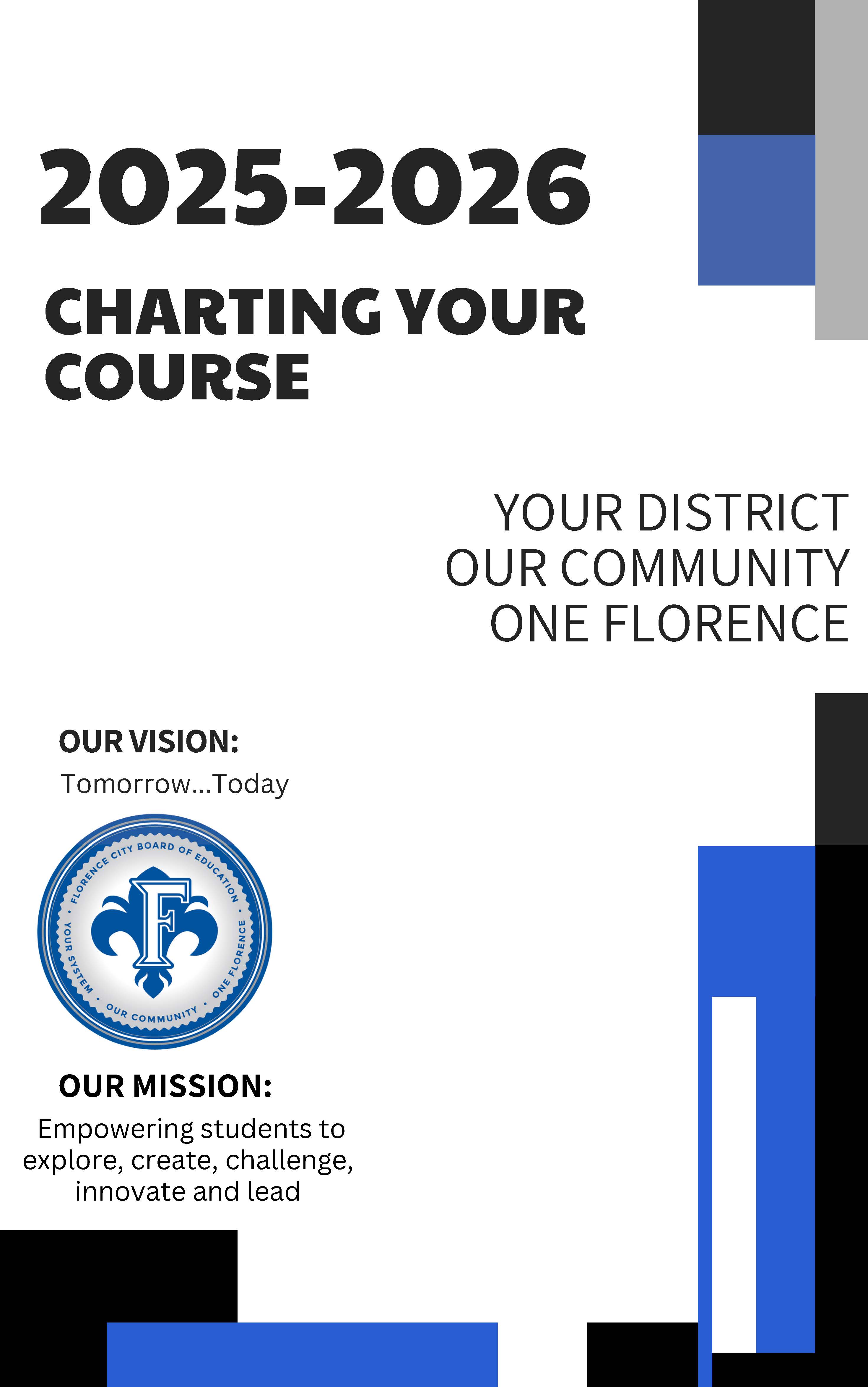 Charting Your Course Cover page with image of district seal logo, text of our vision and mission, your district our community one florence